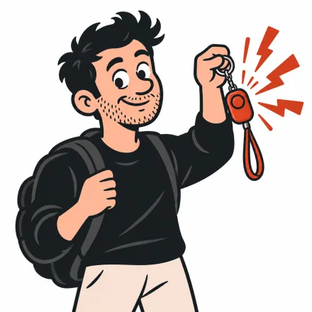 Cartoon traveler holding up a personal safety keychain alarm that is sounding