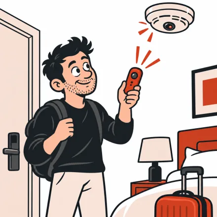 Cartoon traveler scanning a hotel room with a detector and finding a hidden camera