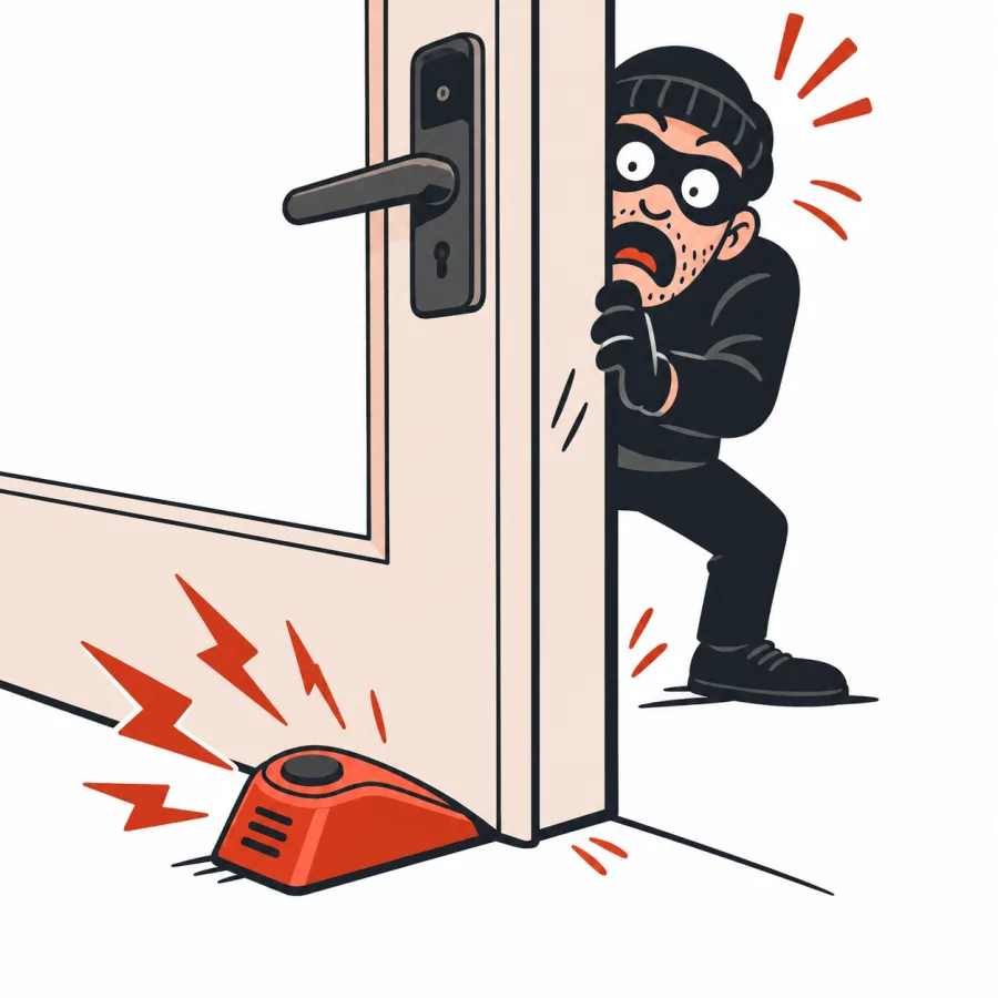A cartoon burglar in the hallway recoils as the door-stop alarm inside the hotel room blares