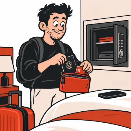 Cartoon traveler tucking a passport into a travel pouch beside an in-room safe