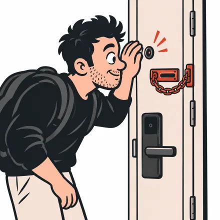 Cartoon traveler checking the peephole with the door chain on before opening