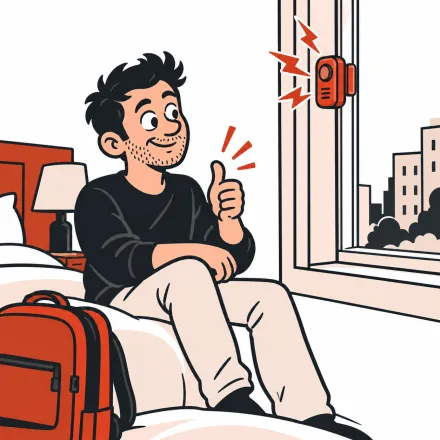 A portable door and window alarm sounding on a hotel room window